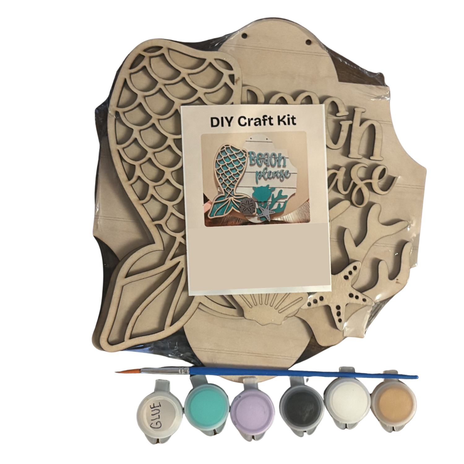 Beach Please DIY Paint Kit | Mermaid Tail Wood Sign | Coastal Craft Kit with Paint & Brushes Included