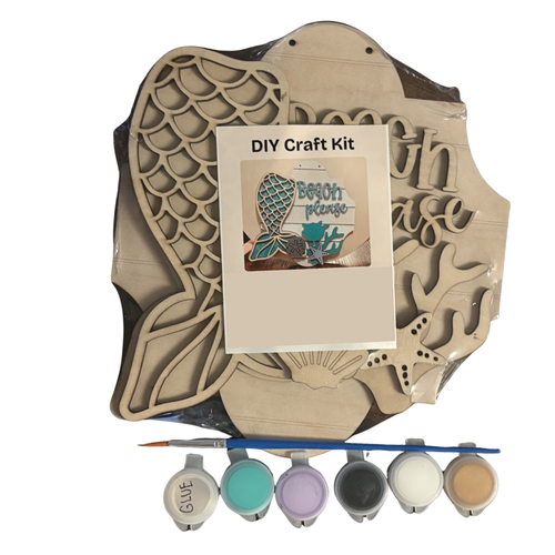 Beach Please DIY Paint Kit | Mermaid Tail Wood Sign | Coastal Craft Kit with Paint & Brushes Included